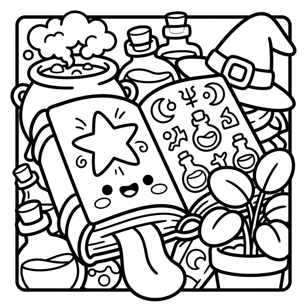 Magical spellbook surrounded by potion bottles, perfect for bold line coloring pages and wide margin coloring sheets.